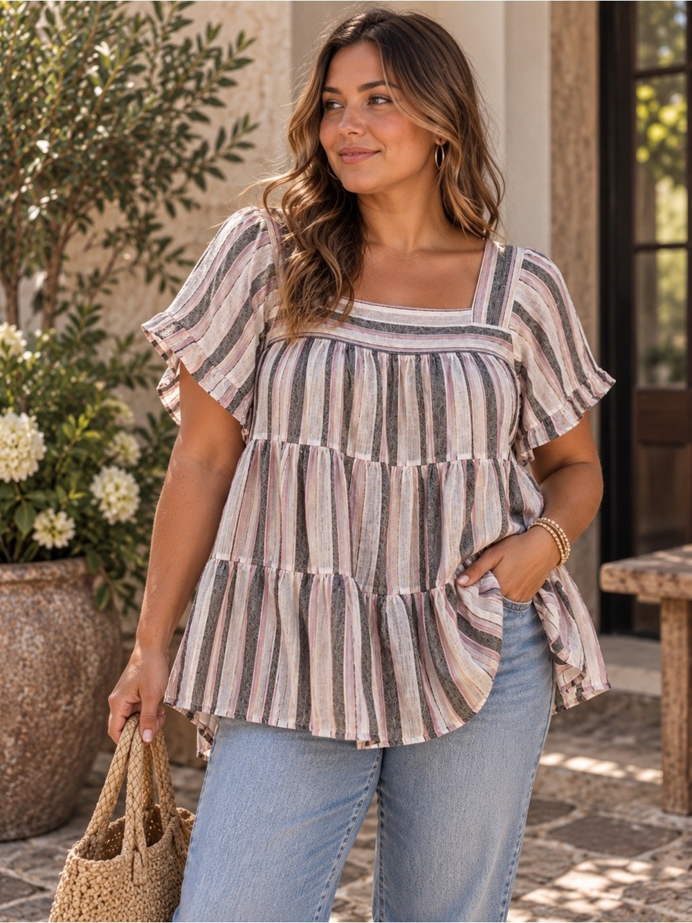 Terra & Sky Linen Blend Tiered Tunic Top 0X 14W Striped Boho Blouse